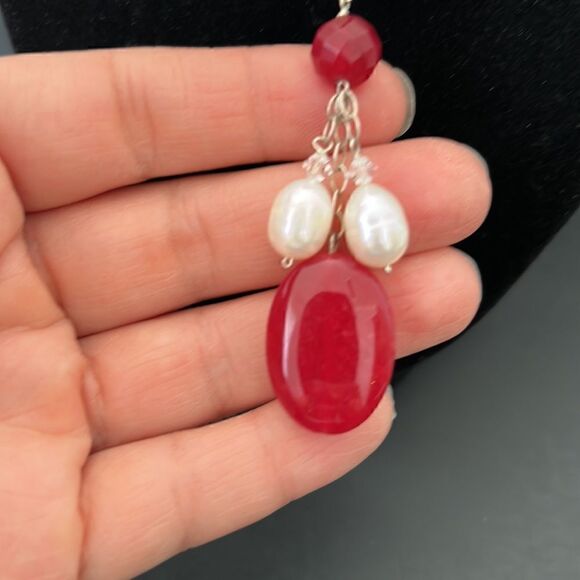 Artisan Made Red Quartz, Pearl, Crystal Sterling Silver Lariat Necklace - Picture 3 of 7